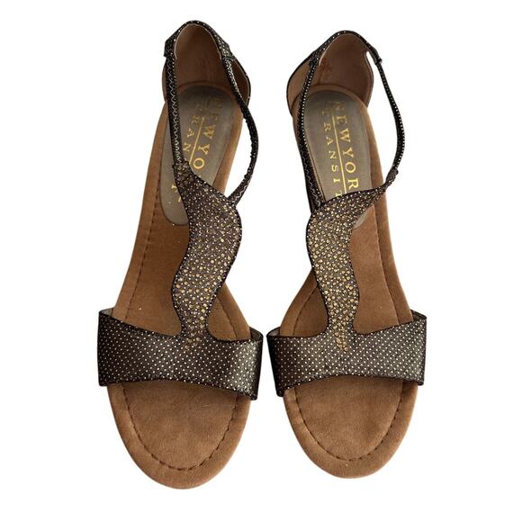 New York Transit Women's Brown Gold Sparkle Bling Elegant Wedge Sandals Size 8.5 - Picture 2 of 9